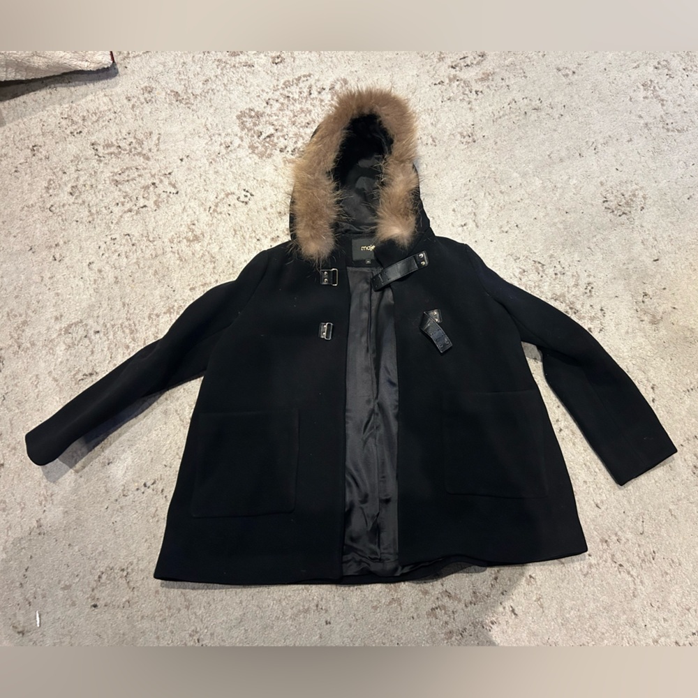 Maje Black Coat with Fur Trim